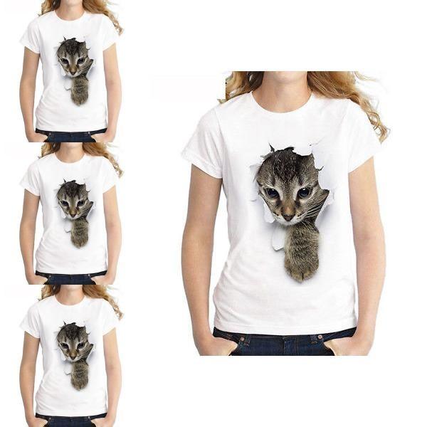 Bella T-shirt con Stampa di Gatto, Vestibilità Aderente e Decorazione con Uovo di Legno di Pasqua
