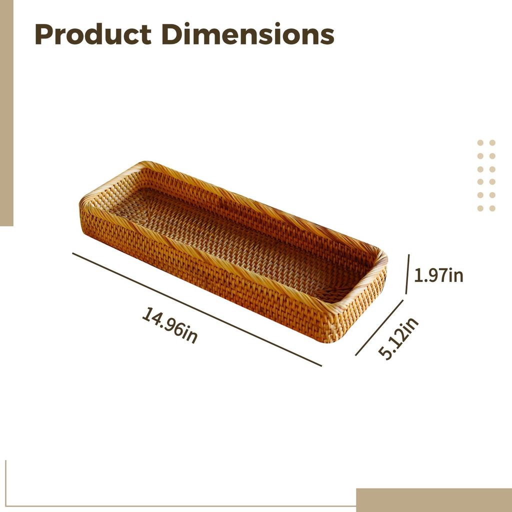 2 Pack Rattan Bathroom Vanity Tray, Handwoven Rectangular Organizer Tray, 15 x 5.1 x 2 in / 38 x 13 x 5 cm, Natural Rattan Serving Tray