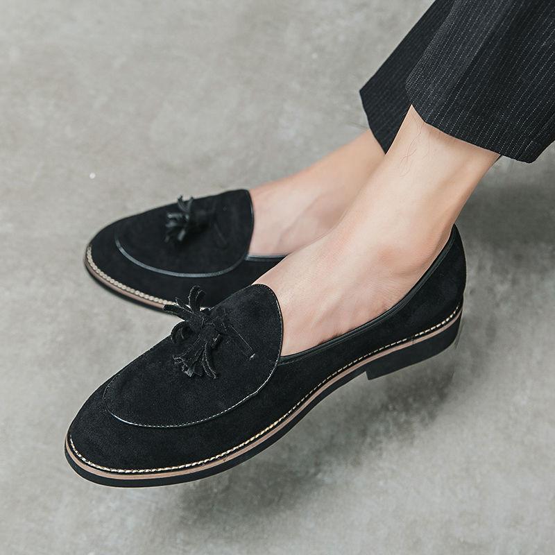 Soft Loafers Black Flat Men's Leather Shoes with Tassels Suede Male Casual Shoe Moccasin Pointed Toe Common Low Price Adults Pu