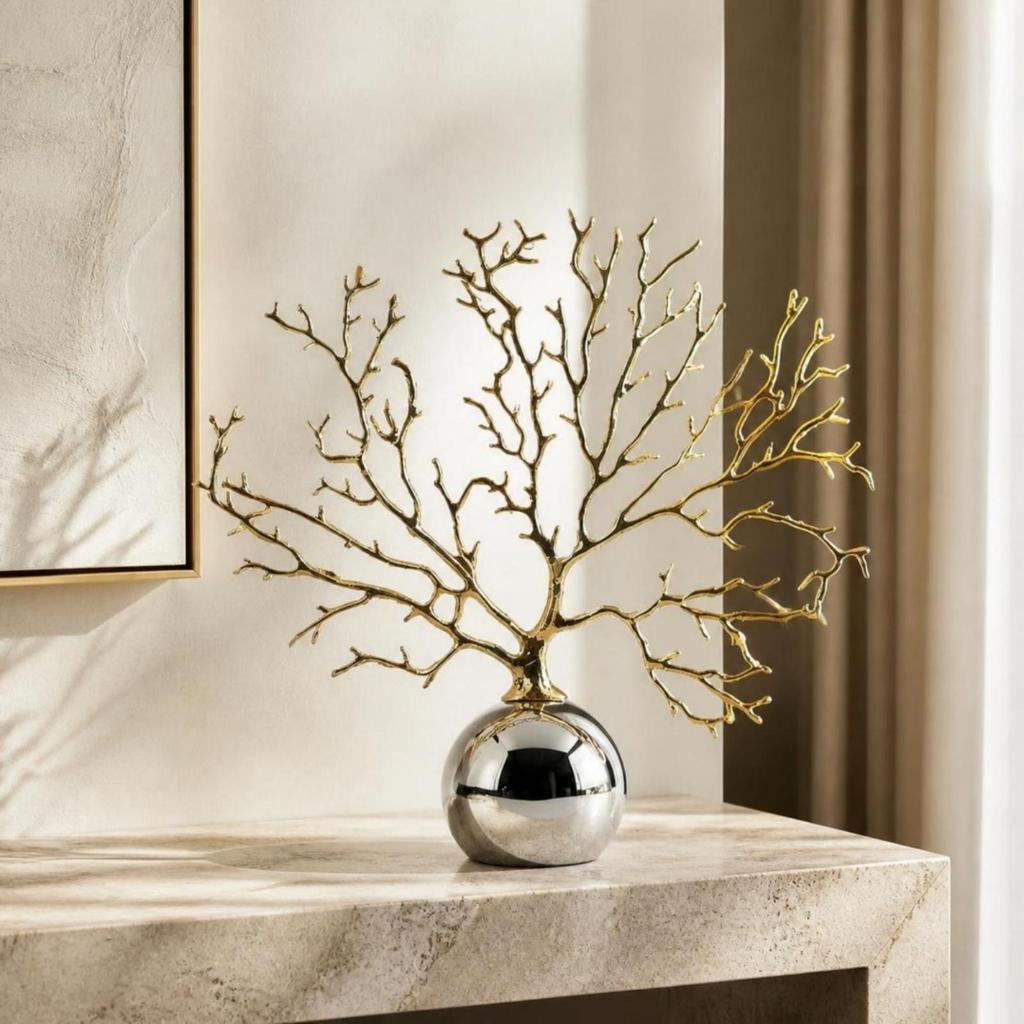 Metal Branch Sculpture Reflective Tree Decor with Silver Base Modern