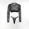 Aesthetic Y2k Mesh Hollow Out Bra Sets Solid Thong Long Sleeves Ultra Short Blouse Sexy Fun Three Piece Uniform Set