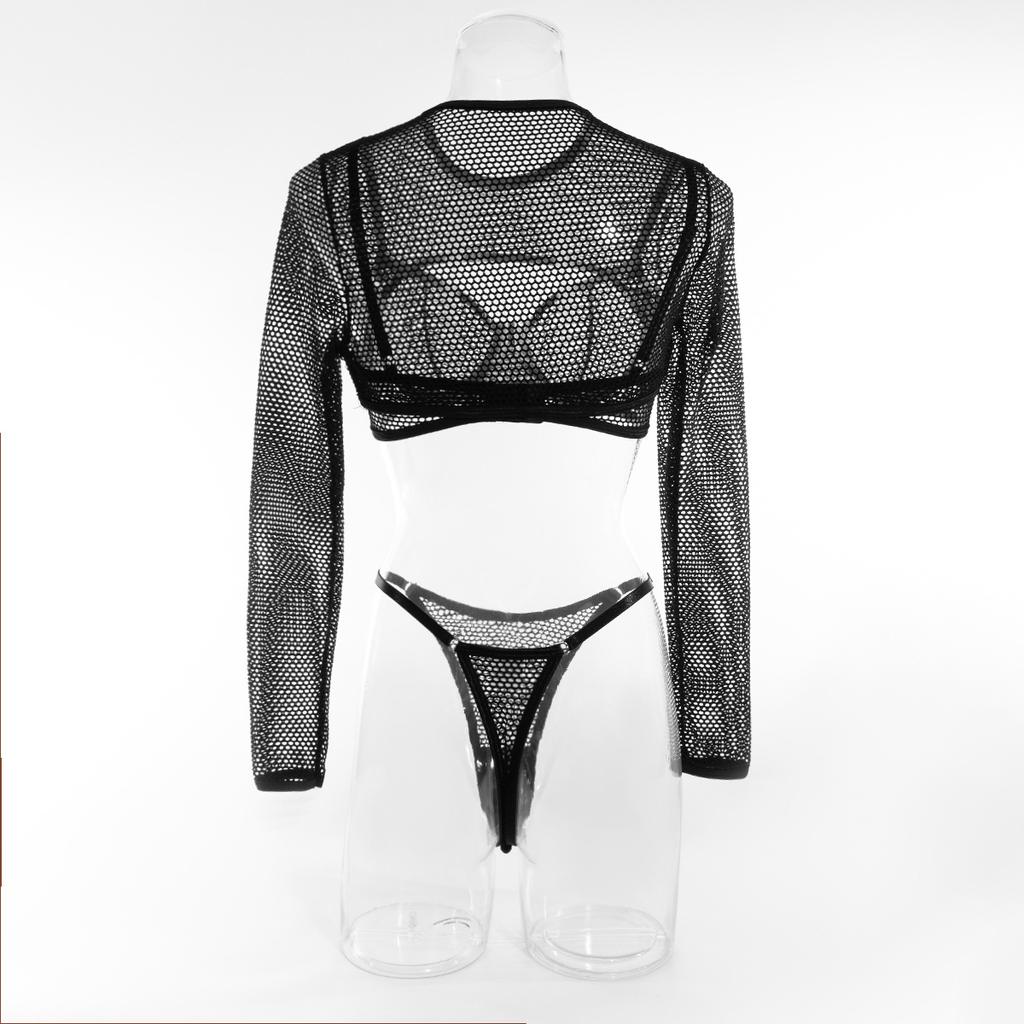 Ästhetisches Y2k Mesh Hollow Out BH-Sets Solider Tanga Lange Ärmel Ultrakurze Bluse Sexy Fun Dreiteiliges Uniform-Set