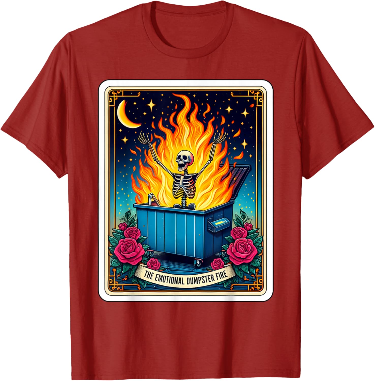 Emotional Dumpster Fire Skeleton Tarot Card Graphic Print Cotton T-Shirt Funny Casual Crew Neck Tee S