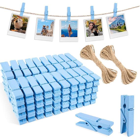 joycraft Mini Wooden Clothesp with String - 100Pcs Brown Craft Clips, 1.4 in Photo Holder Hanging Clips for DIY Craft, Wedding Party Decor, Classroom