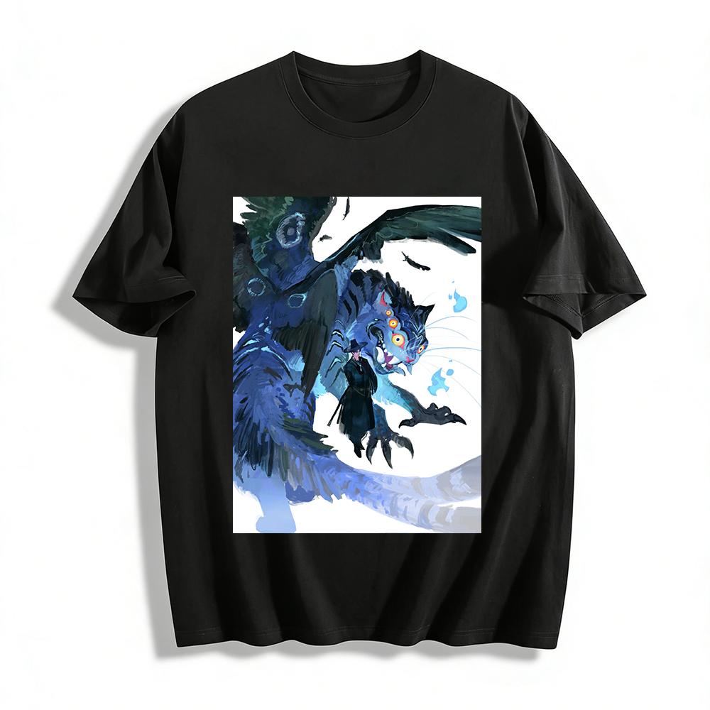 Mythical Winged Blue Tiger & Gentleman Print T-Shirt Trendy Cool Street Style Loose Casual Top Pure cotton T-shirt XXS