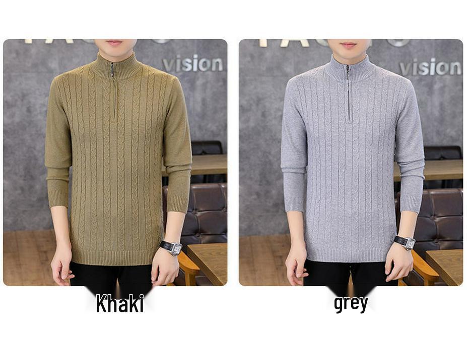 Men's Korean Style Slim Fit Stand Collar Half-Zip Cable Knit Sweater