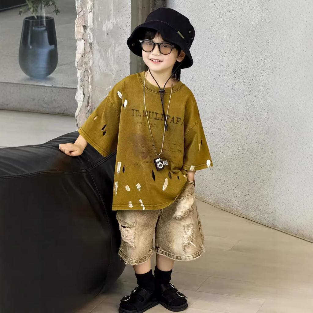 Boys' Clothing Set Summer Children's Ripped Denim Shorts Tie Dye Short Sleeved T-shirt 2-piece Set