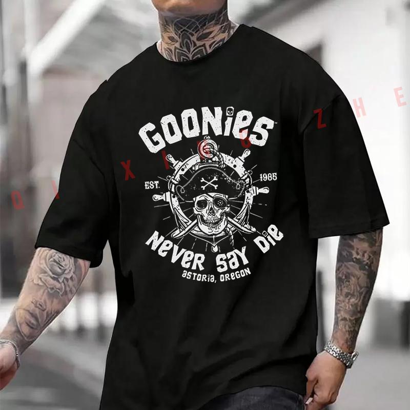 Goonies Never Say Die Retro Offiziell Inspiriert 80er Jahre Film Logo Ikonischer Totenkopf Baumwolle Moto T-Shirt Lässige Kurzarm O-Ausschnitt Oberteile