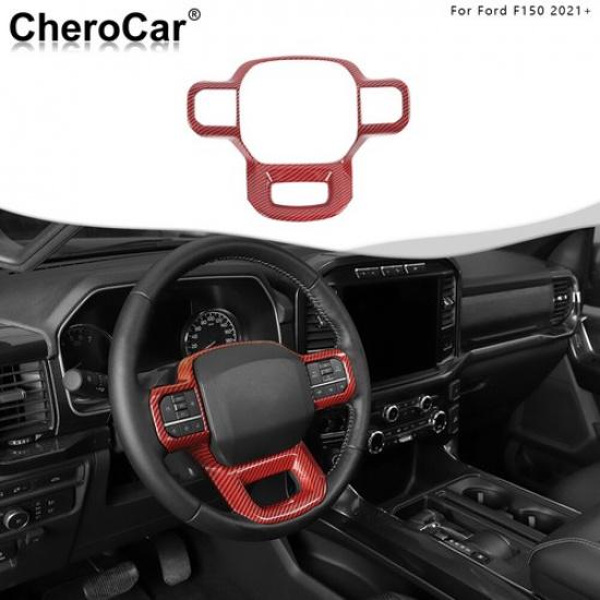 For 21+ Ford F150 Steering Wheel Panel Frame Decor Cover Trim Red Carbon Fiber