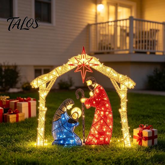 Weather Resistant Manger Sculpture Lighted Nativity Garden Ornament, Christmas Metal Yard Art with Decorative Iron for Courtyard LED Lights, Light-Up