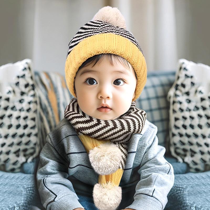 Winter Children's Warmth Autumn and Winter Men's and Women's Scarves Two-piece Set Children's Knitted Wool Hat Scarf Two-piece Set Wholesale