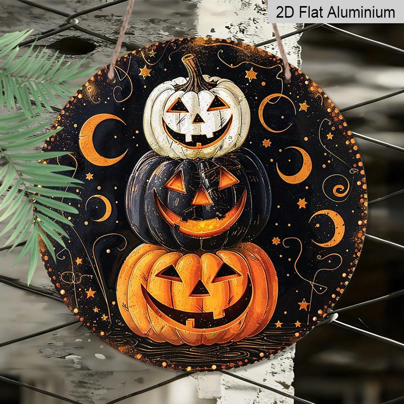 2D Flat, 1pc Round Aluminum Hanging Sign, Halloween Wall Decor-Retro Pumpkin Magic Night Metal Art with Glowing Pumpkin Lanterns, Bats And
