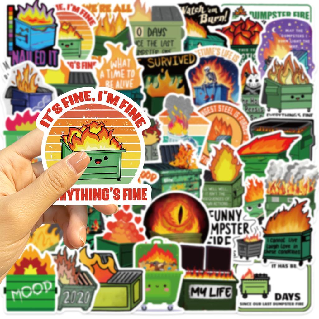 50 Cartoon Trash Can Fire Graffiti Stickers Guitar Notebook Suitcase DIY Waterproof Stickers