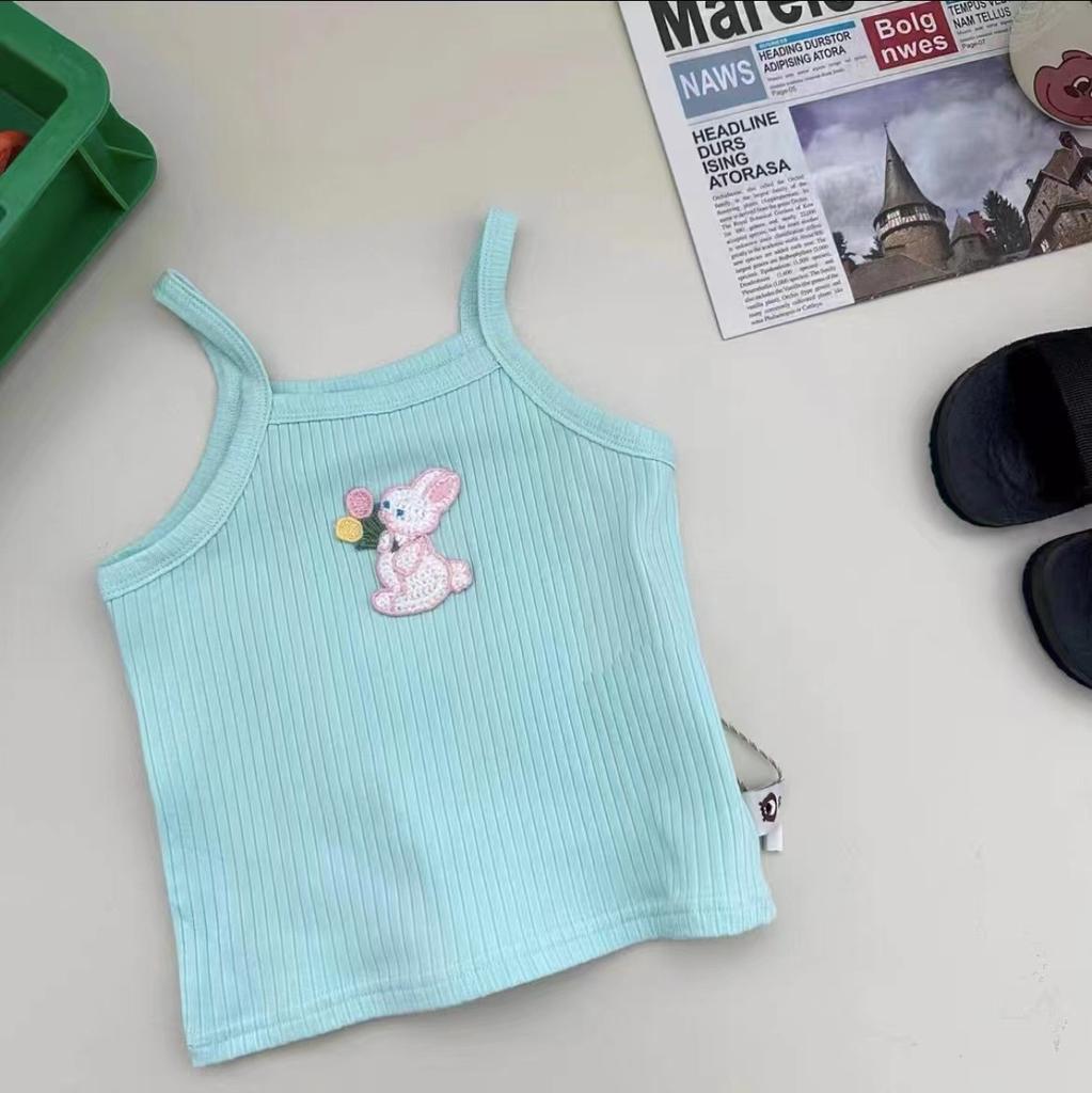 Girls Candy Camisole Summer Sleeveless Top With Cartoon Embroidery Stretchy Vest For Kids Baby Clothing