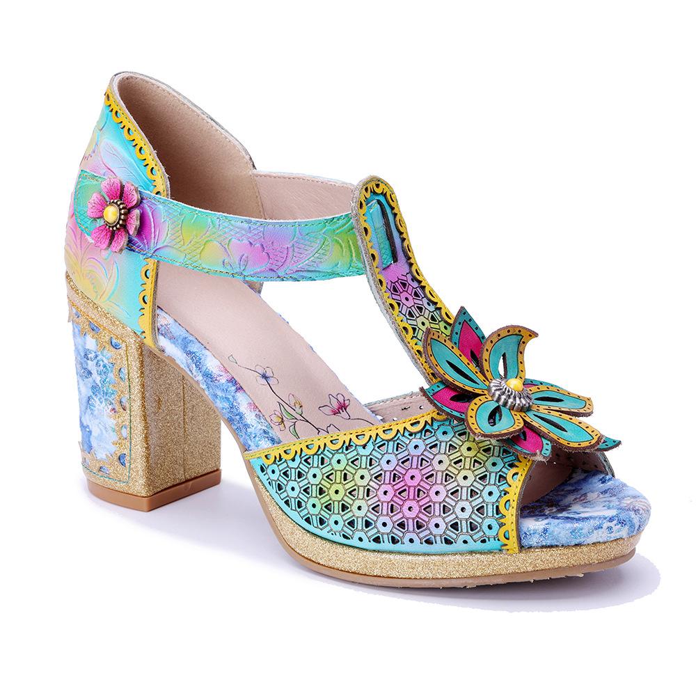 Johnature Genuine Leather Vintage Baroque Style Carved And Painted Floral Comfortable High-heeled Sandals
