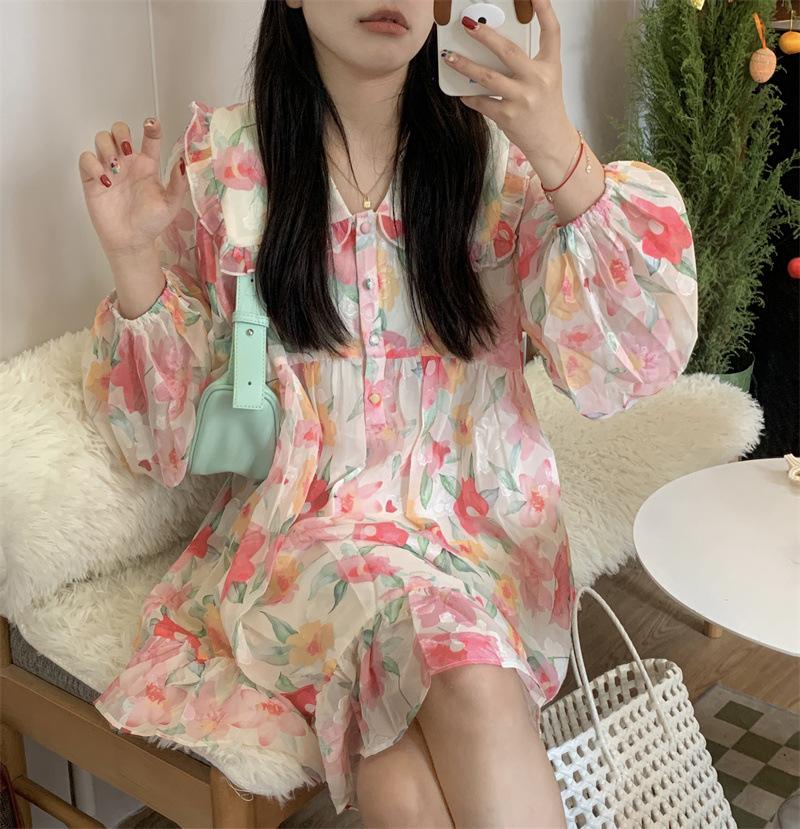 French Doll Collar Floral Dress Autumn New Niche Chic Design Skirt Loose Short Skirt Women