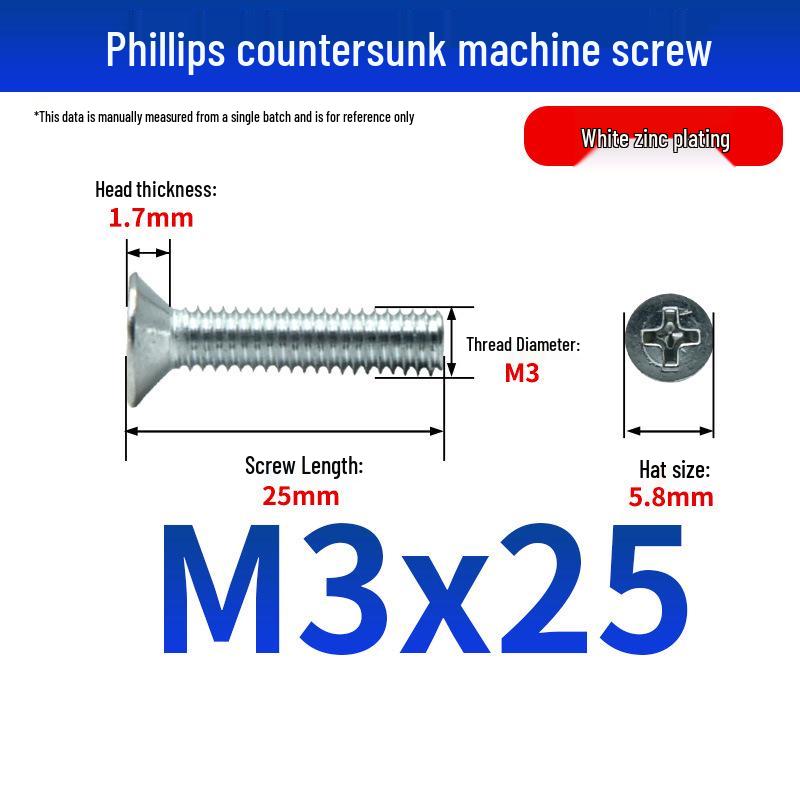 White Zinc Plated Cross Recessed Countersunk Head Screws & Bolts, Machine Thread, M3-M12