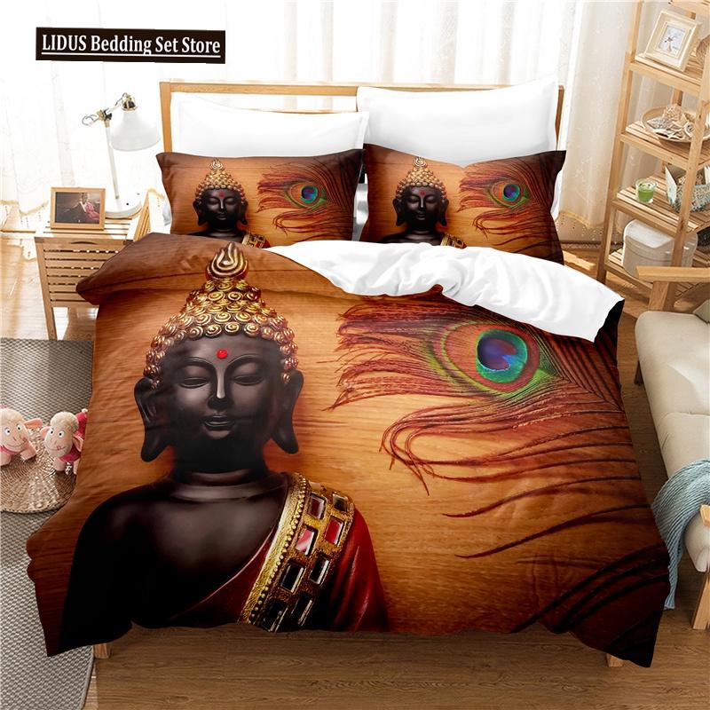 Buddha Statue Duvet Cover Set 3D Digital Printing Gold Queen King Size Bedding Set For Kids Boys Girls Polyester Comforter Set