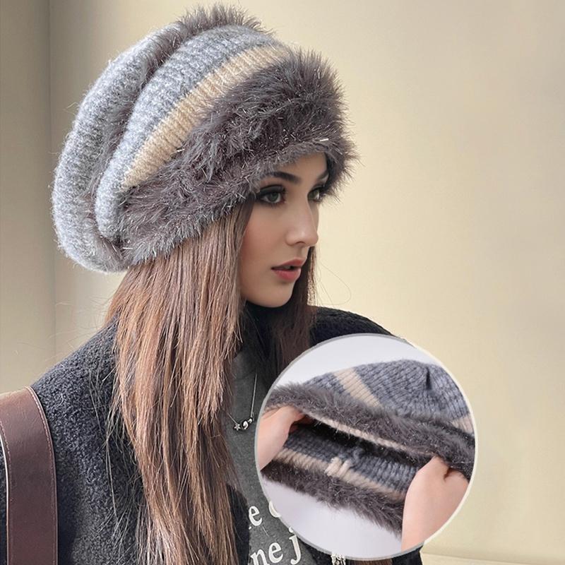 1PC Color Block Elegant Pile Hat Versatile Knitted Fashion High Stretch Warmth Brimless Lightweight Plush Slouchy Hats Multi-Color