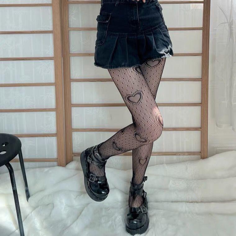 Japanese Cute Girlish Ins-style Pantyhose - Fishnet Stockings, White Silk with Love Heart Jacquard, Sweet Design