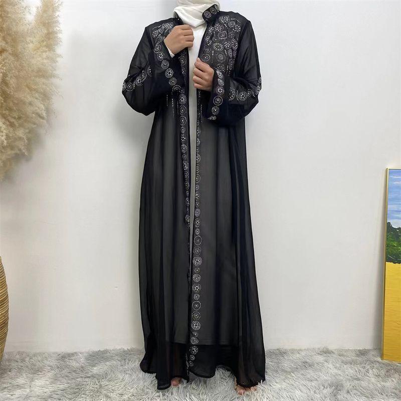 

New Arrival Middle East Dubai Ethnic Style Chiffon Hot Drilling Cardigan Dress Cardigan Chiffon Dress Black 2XL