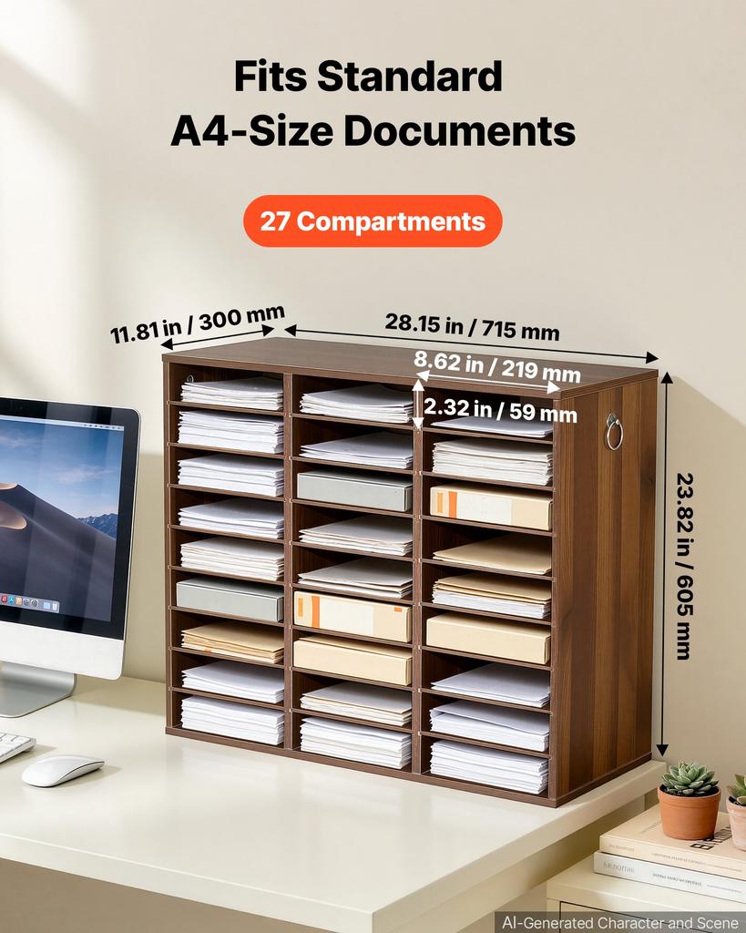 VEVOR Wood Literature Organizer 27 Compartments Office Mailboxes Brown, Countertop Literature Sorter for Files Documents Papers