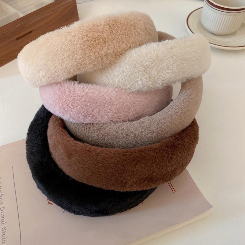 Winter Women Plush Hairbands Wide Side Faux Fur Sponge Hair Accessories Solid Color Headbands Fashion Hair Hoop