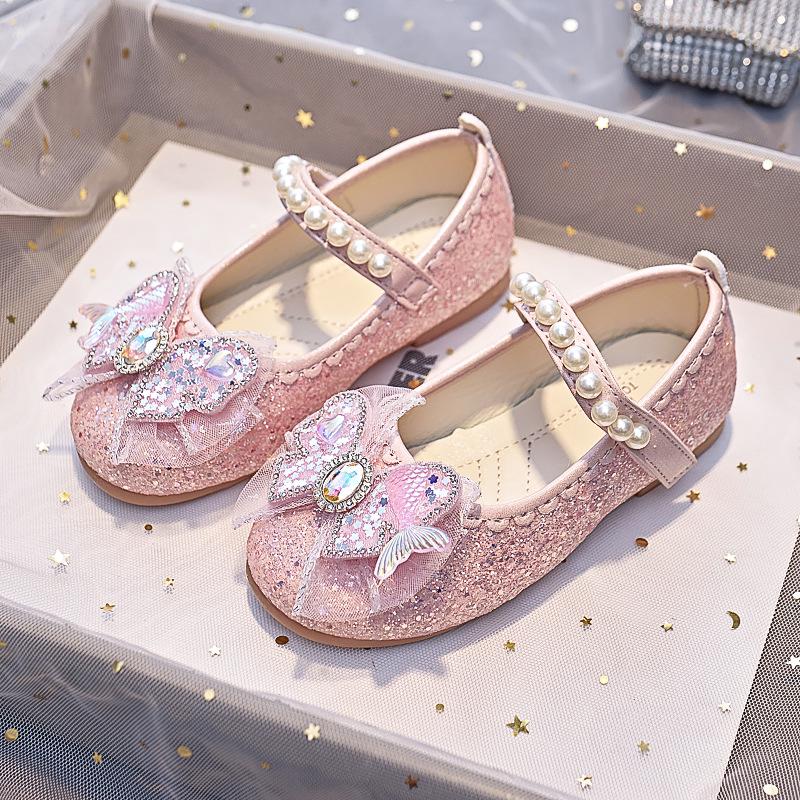 Girls' Fishtail Bow Leather Shoes - Autumn 2025 New Arrival Princess Style, Soft Sole with Pearl Detail