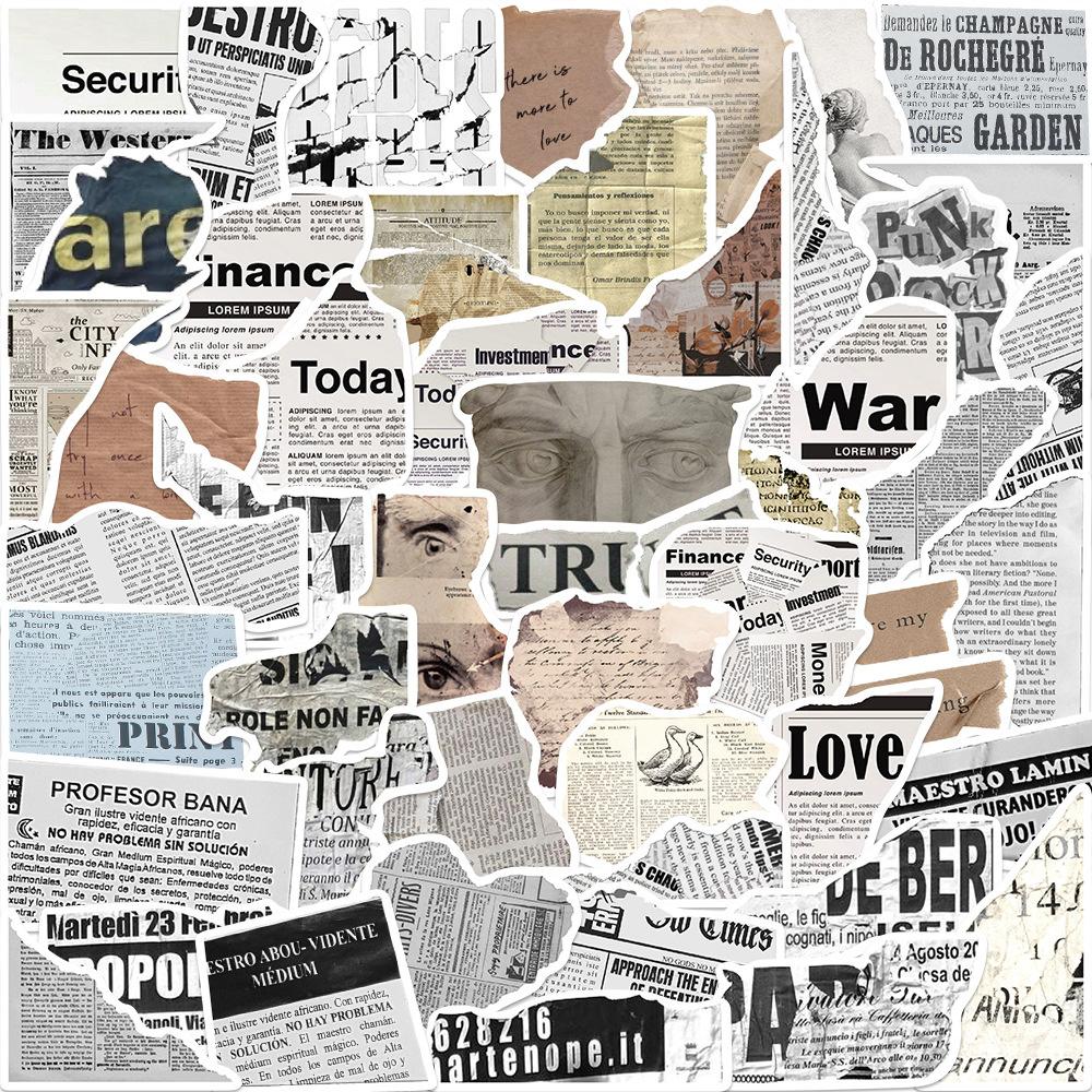 52Pcs Vintage Newspaper PVC Sticker Aesthetic Children's Korean Stationery School Supplies Scrapbooking DIY Decoration Sticker