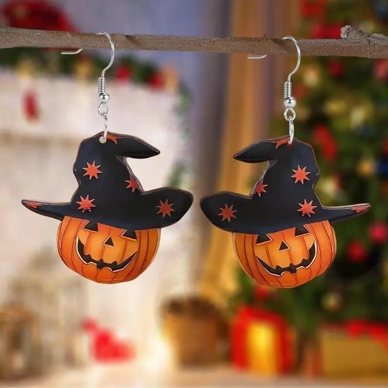 

Cat Themed Halloween Pumpkin Skull And Dog Pattern Women Acrylic Earrings Hat Pumpkin