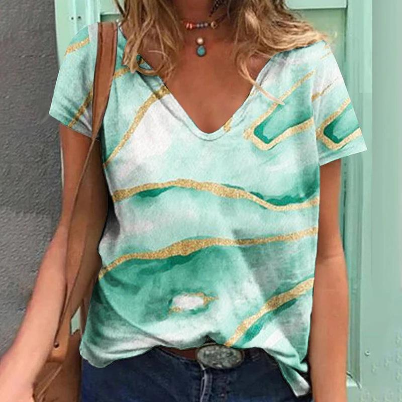 Trendiges Damen-T-Shirt mit V-Ausschnitt und kurzen Ärmeln, 3D-Druck mit Farbverlauf und Wassertropfenmuster