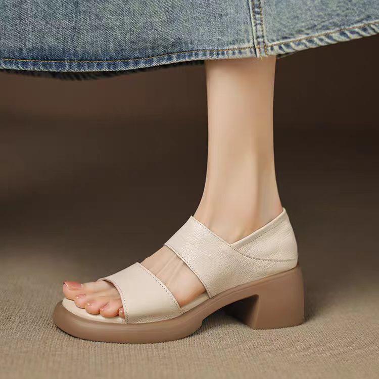 Women's Retro Thick Soled Thick Heel One Line Cool Slippers for Summer, Women's New Open Toed Soft Leather Middle Heel Fish Mouth Sandals