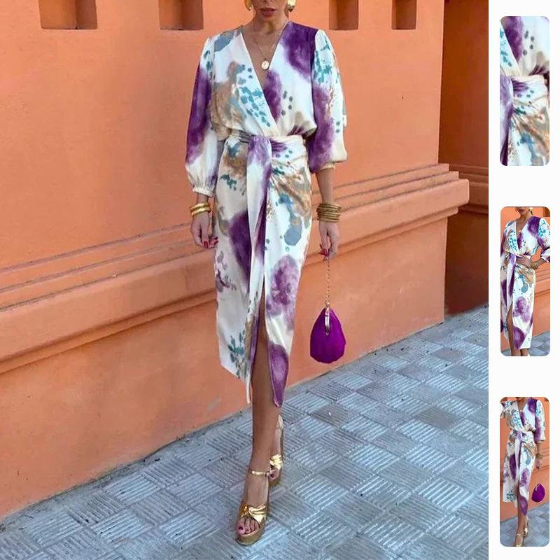 Damen V-Ausschnitt Langarm Midi Kleid Lockere Passform Hohe Taille Elegantes Aquarellmuster Wickel Schlitzkleid