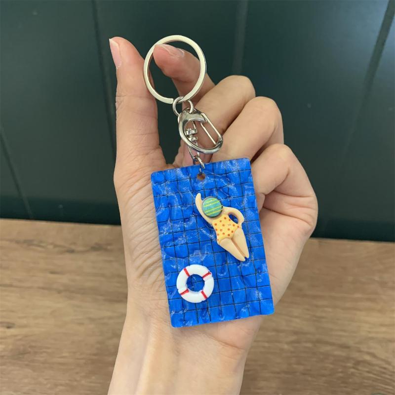 Swimming Girl Cute Handmade Keychain Blue Pool Board Pendant Lovely Summer Decor for Backpack Luggage Accessory