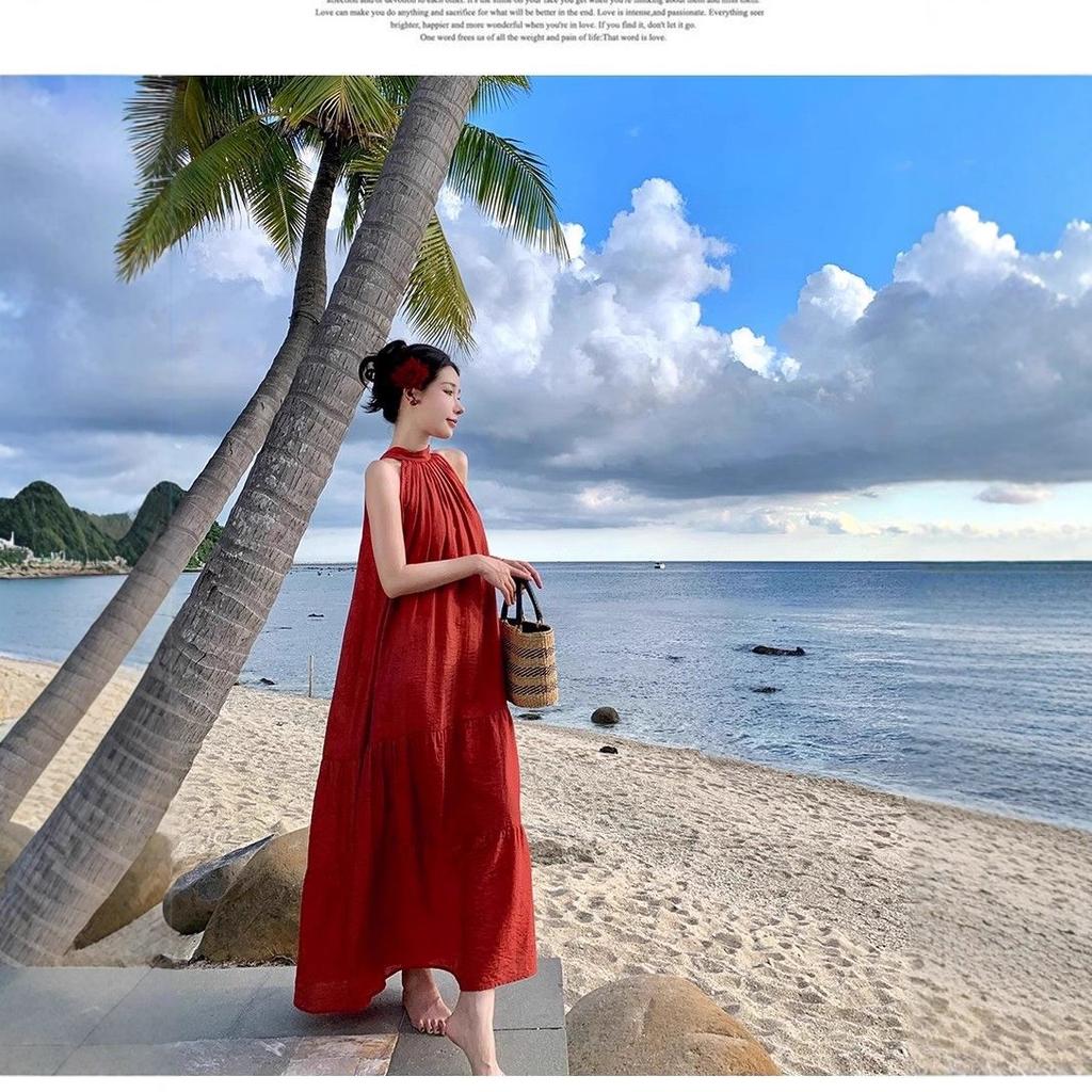 New Chinese Retro Red Neck Dress Summer Temperament Simple Long Dress Travel Photo Good-looking Skirt