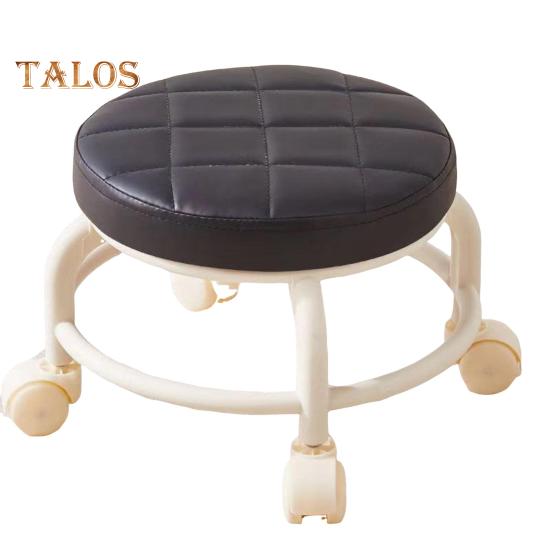 Low Rolling Stool with 360 Degrees Swivel Wheels Faux Leather Cushion Roller Seat with Metal Legs Heavy Duty Rotating Seating Stool