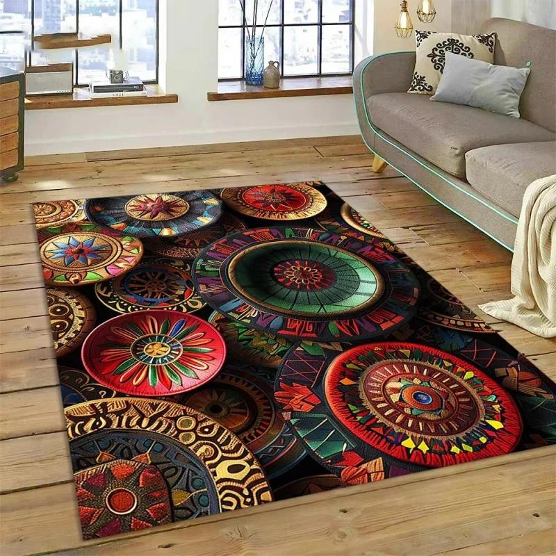 Ethiopian Colorful Flower Mandala Area Rug Thickened  Non-Slip Floor Mat Machine Washable Home Decor for Living Room Bedroom