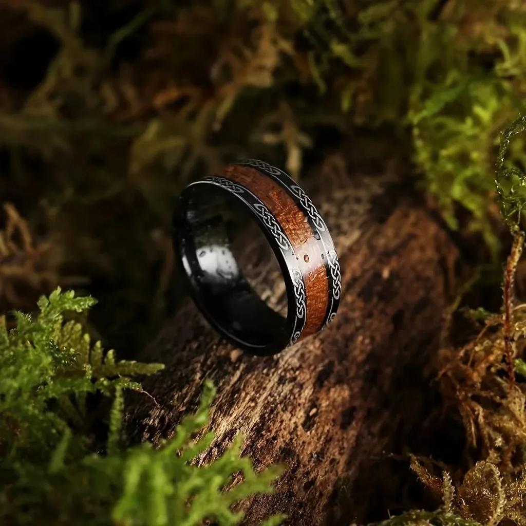 Fashion 8MM Black Color Stainless Steel Rings For Men Women Domed Koa Wood Inlay Promise Rings Wedding Engagement Jewelry Gift