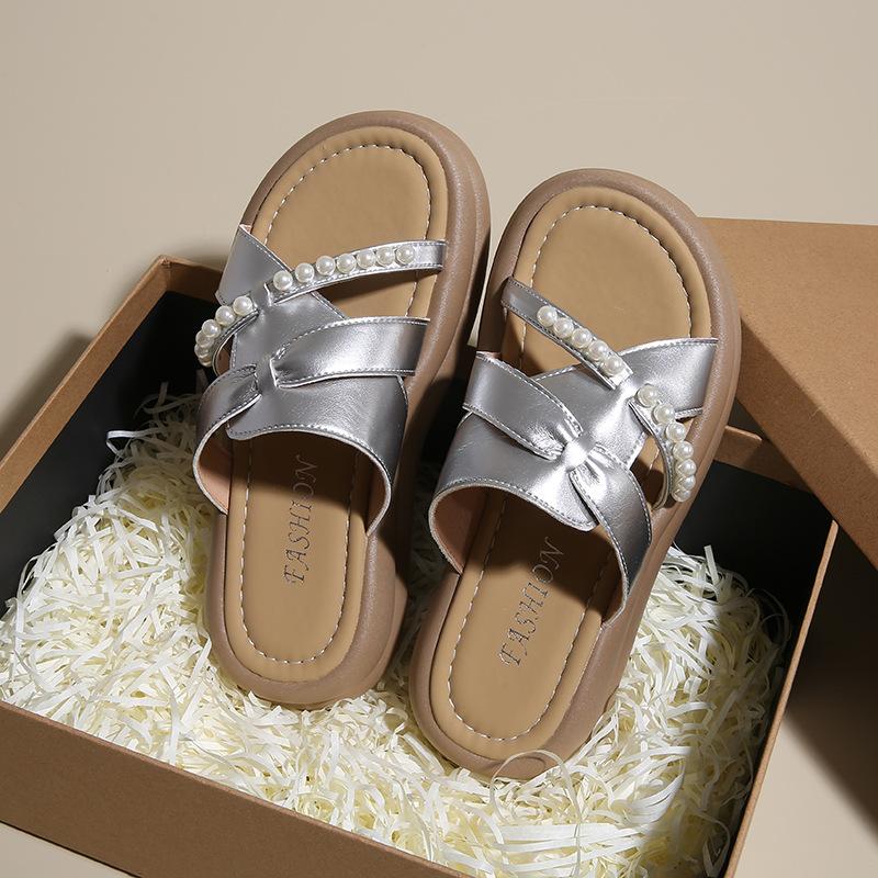 Thick-soled Pearl Slippers for Women To Wear 2025 Summer New Fairy Style with Skirt Lazy Small One-word Drag
