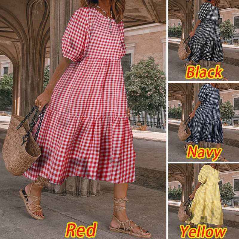 

Amazon Women s Mid Length Long Length Casual Long Sleeve Classic Plaid Frill Loose Dress round Neck Patchwork Women s Clothing Navy blue check XXXL