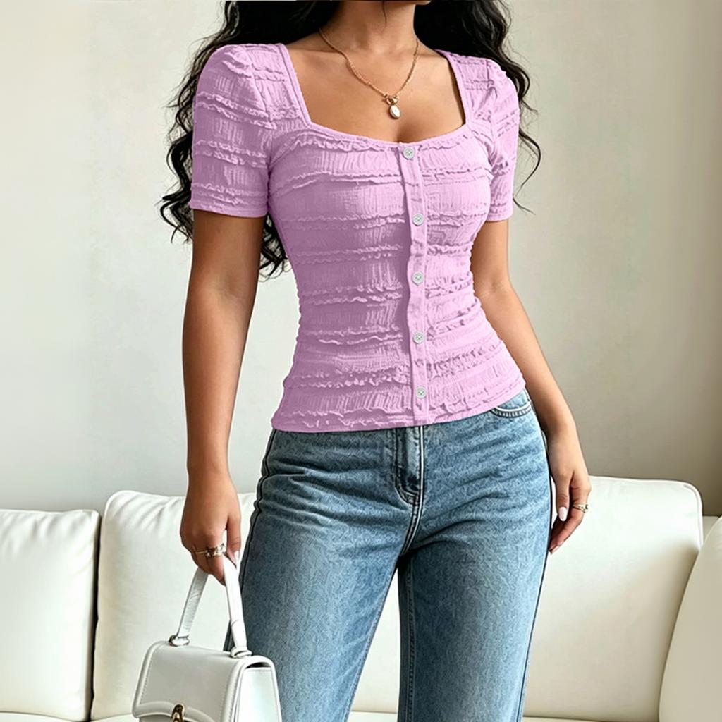Women's Casual Solid Button Front Square Neck Short Sleeve T-Shirt Top Slim Fit Lightweight Stretchy Fabric