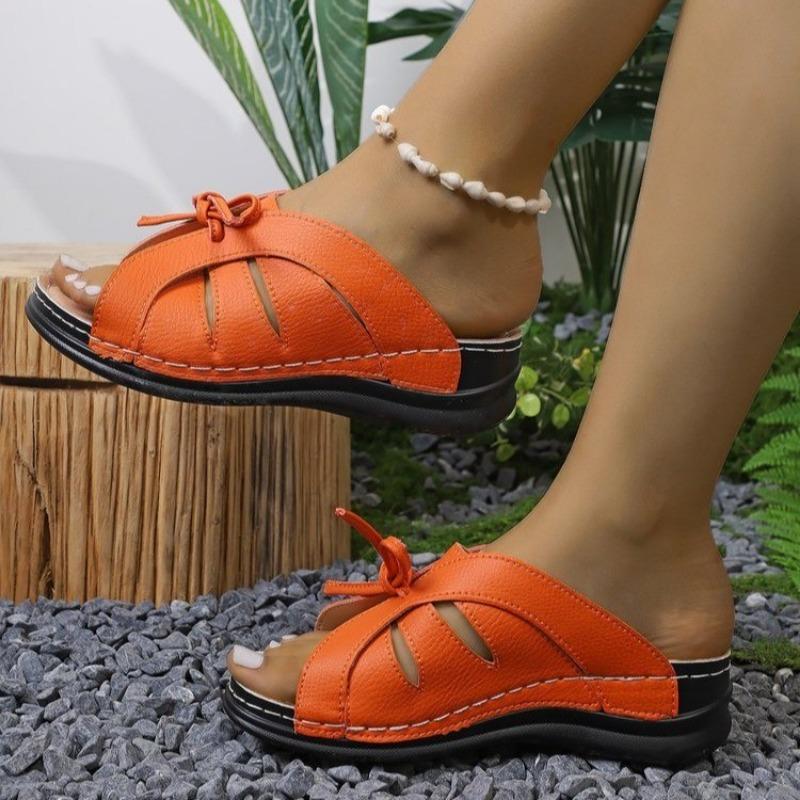 Women's New Summer Wedge Fish-Mouth Slipper Solid Color Plus Size Bow Trim Roman Sandal