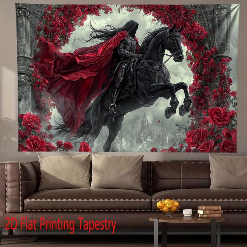 Fantasy Gothic Knight on Horse Red Rose Printed Tapestry Wall Hanging Decor 180x230cm 71x91in Medieval Epic Art