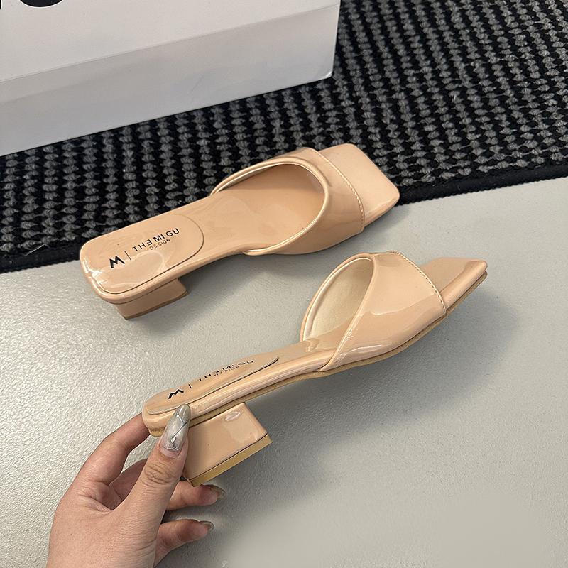 Designer Summer Patent Leather Square Toe Women Slippers Ladies Elegant Outdoor Street Style Thick Heel Slides