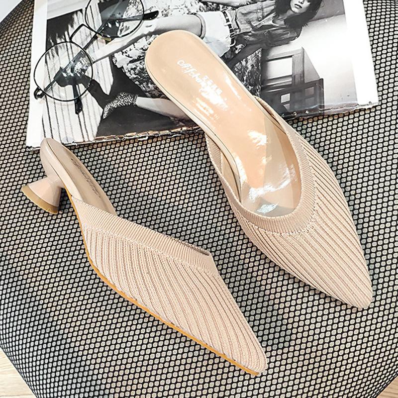 Fashion Stretch Polyester Shoes Woman Slippers Mules Med-High Heels 3D Fly Weave Slides Ladies Breathable Flipflops Women Wedges Sandals
