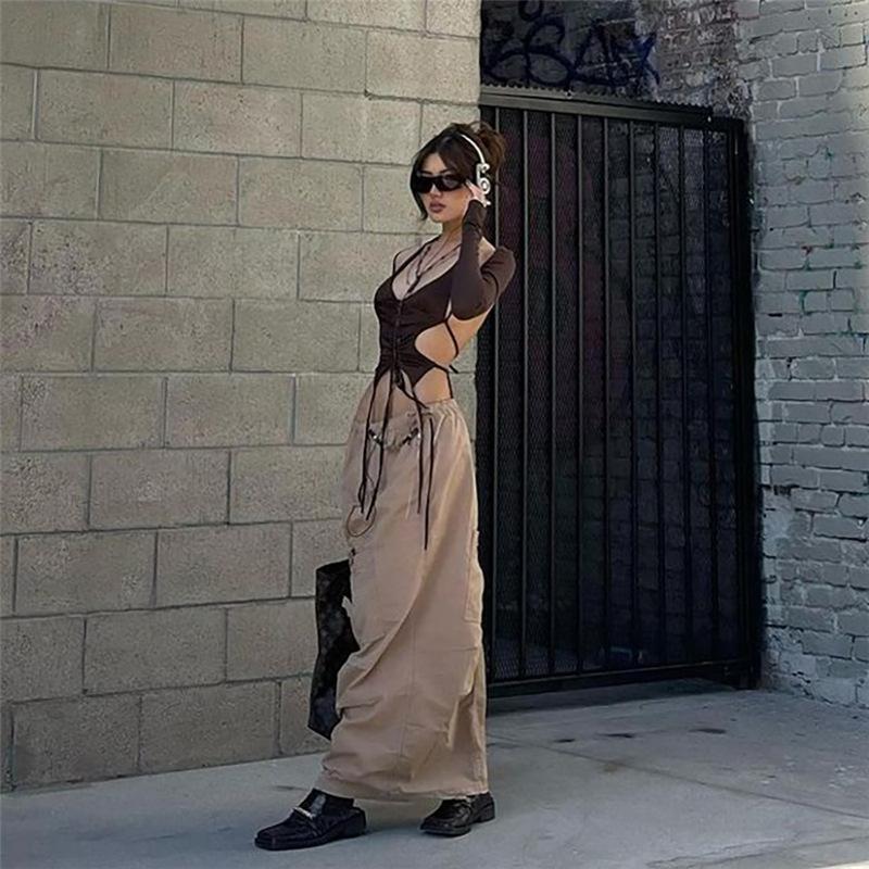 Y2k Streetwear 2 Piece Long Sleeve Halter Crop Top Sexy Trendy Irregular Backless Women T-shirts Aesthetic