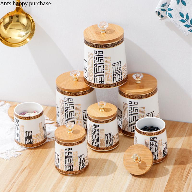 Bamboo Lid Storage Jar Ceramic Airtight Jar Kitchen Supplies Storage Tank Organizer Food Storage Containers Spice Jars Tea Caddy