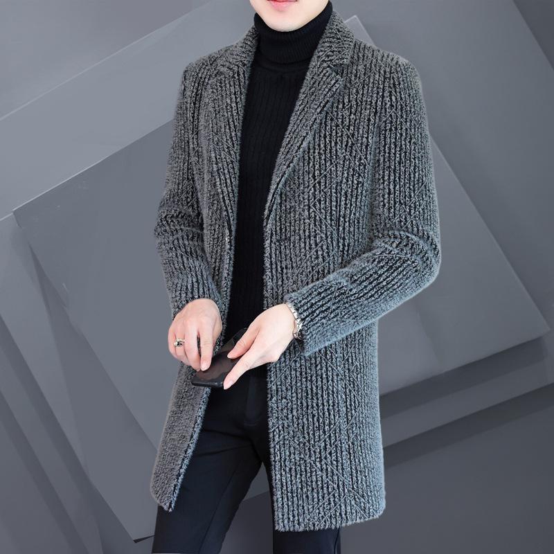 Men's Striped Mid-Length Overcoat Suit Collar Trench Coat, 2023 Autumn/Winter, Youth Plus Cotton, Thickened.