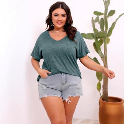 Plus Size Women's Loose Openwork Lace Splicing Solid Color V Neck Short Sleeved Top