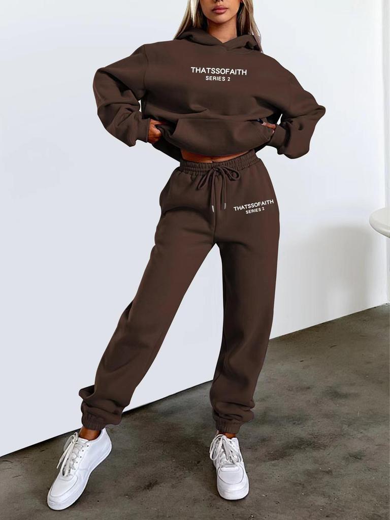 European-American Women's Fashion Letter Print Hoodie & Fleece Jogger Set